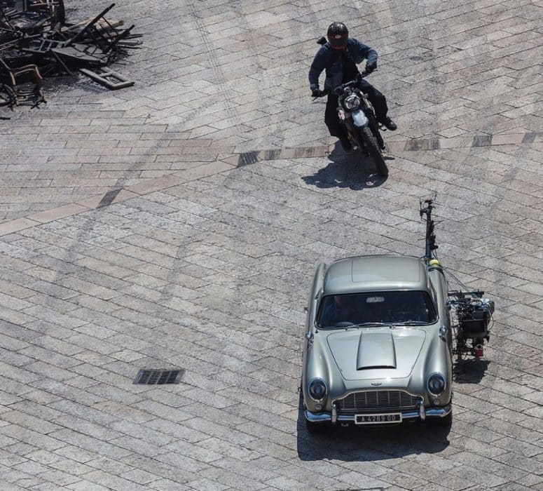 Ducati Scrambler Desert Sled chasing Aston Martin DB5 in Italy during filming of James Bond No Time To Die in Matera Italy