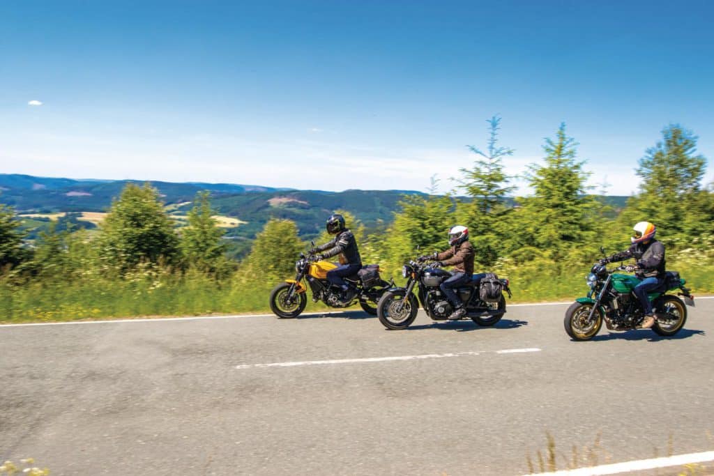 Ducati Scrambler 1100 Tribute Pro vs. Kawasaki Z650RS vs. Triumph Bonneville T120 Black