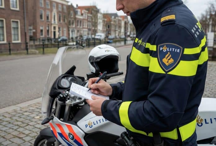 Politieagent motoragent die boete uitschrijft