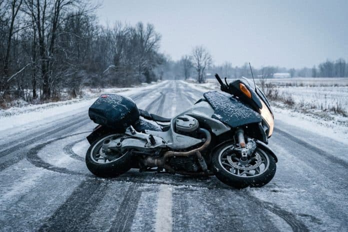 motor onderuit door sneeuw ijs op de weg