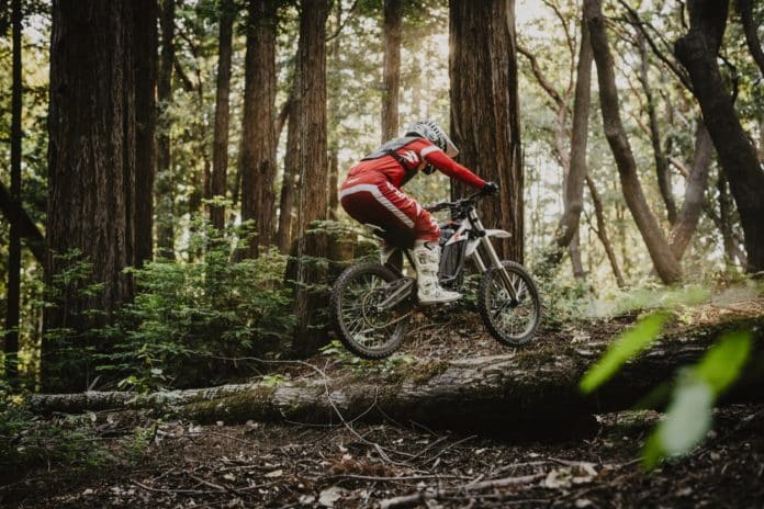Motorcrossrijder in rood tenue rijdt over een omgevallen boomstam in een bos met hoge bomen